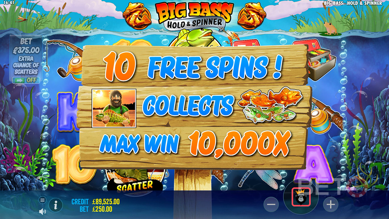Big Bass Bonanza 홀드 앤 스피너 비디오 슬롯에서 베팅 금액의 10,000배를 획득하세요!