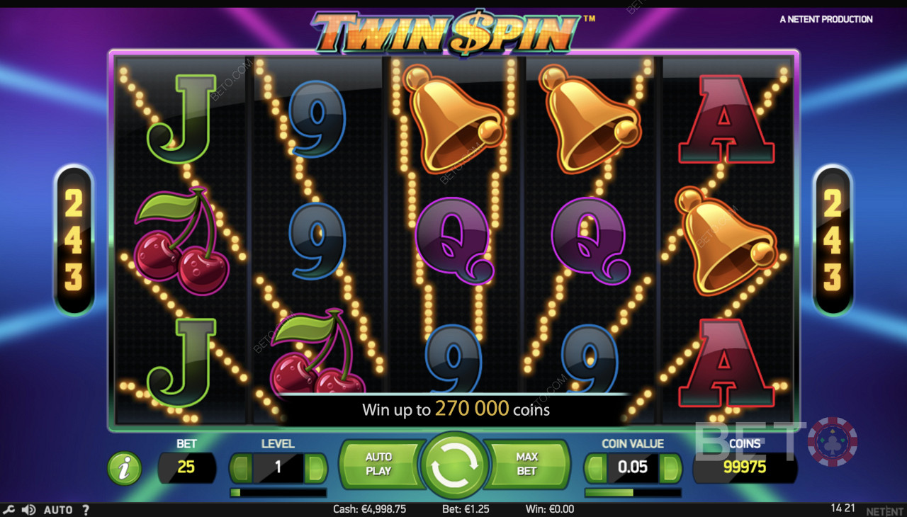 Twin Spin - 종, 체리 및 기타 기호와 같은 기호가 있는 간단한 게임 플레이