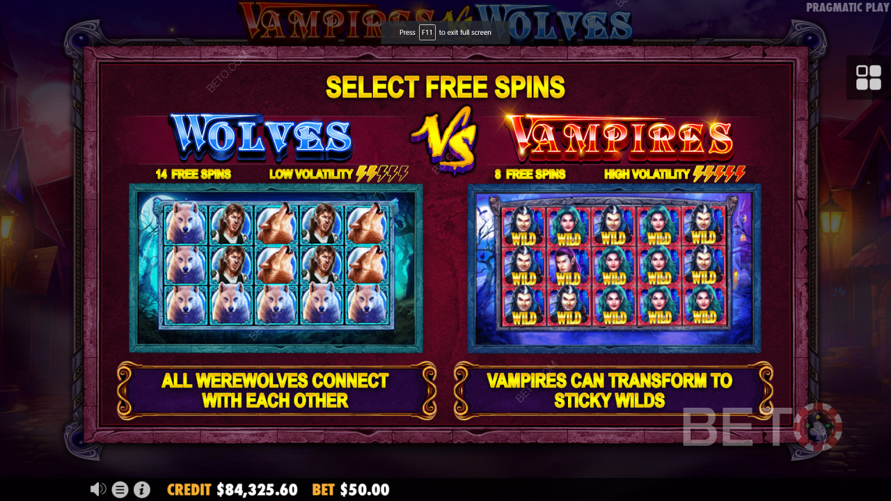 Vampires vs Wolves 의 듀얼 프리 스핀 보너스 라운드
