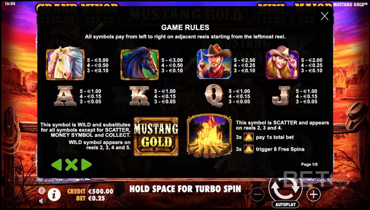 Mustang Gold 온라인 슬롯의 게임 규칙