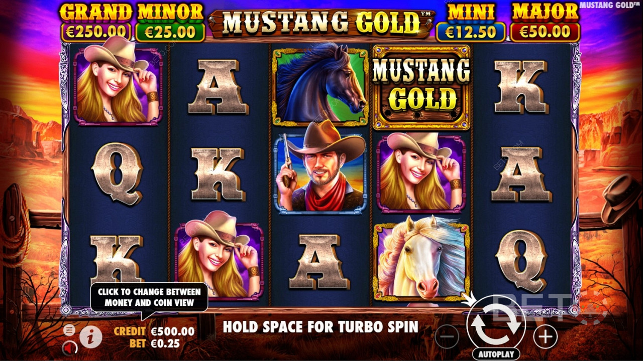 와일드 심볼은 Mustang Gold 온라인 슬롯의 게임 로고입니다.