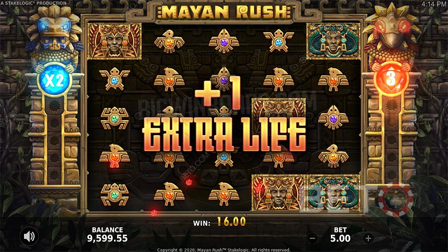Mayan Rush 보너스 기능에는 Free Spins, 승수 및 도박 기능이 포함됩니다.