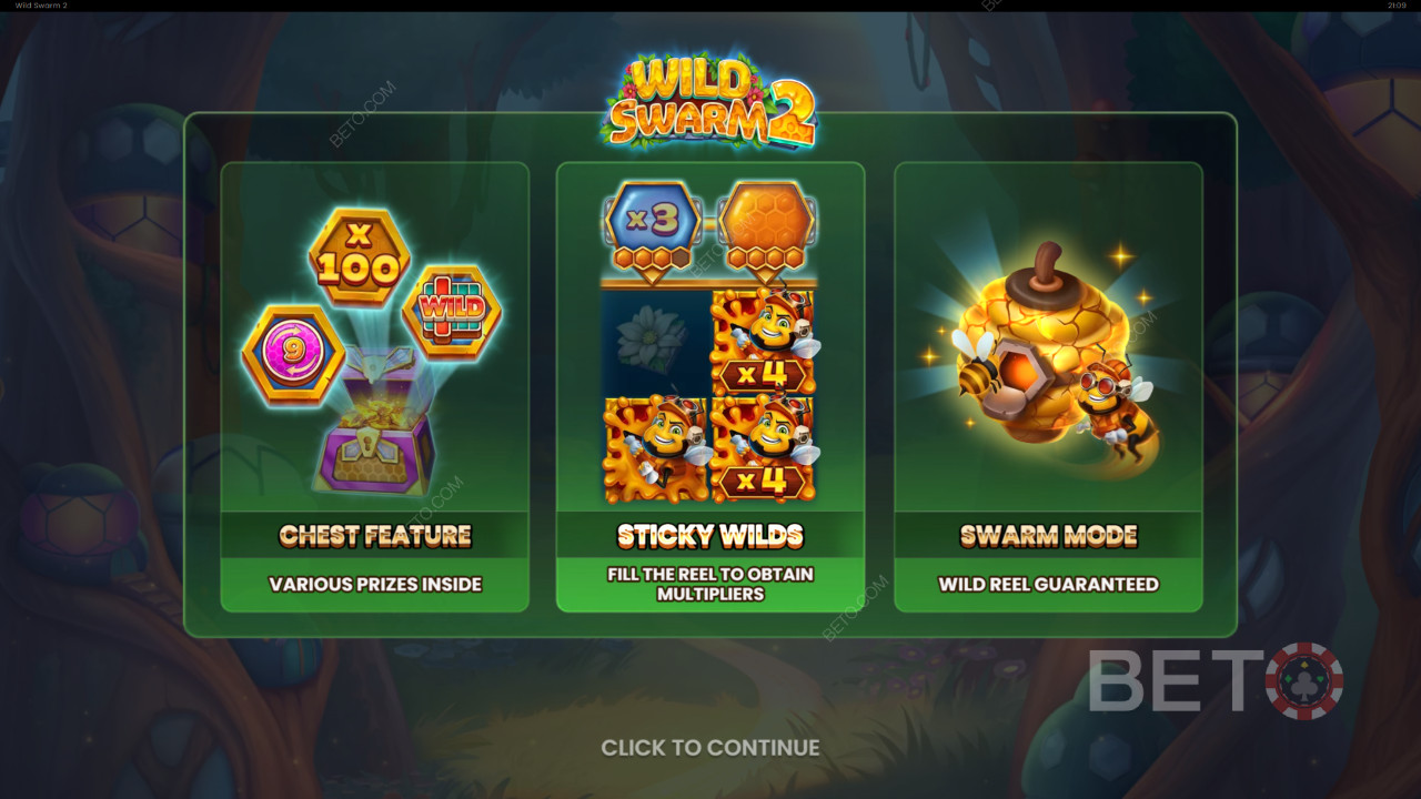 Wild Swarm 2에서 설명하는 보너스 기능 Push Gaming