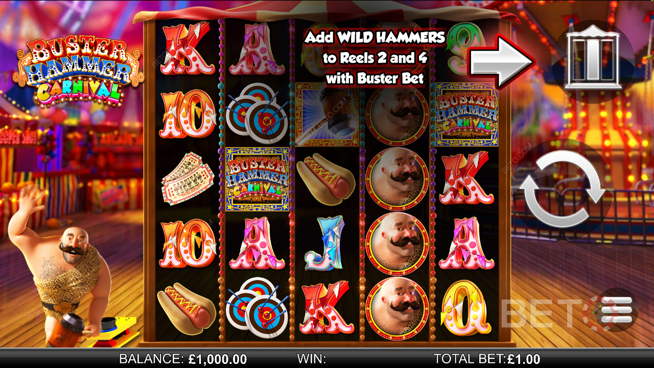 Buster Hammer Carnival - Mighty Free Spins 및 Gold Wild Hammer 기능을 경험하십시오 - Reel Play 의 슬롯