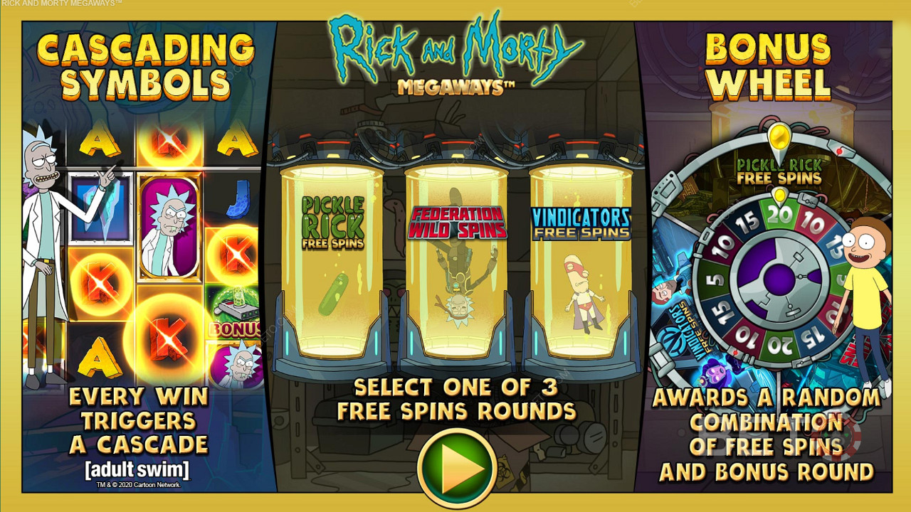 Rick and Morty Megaways 슬롯 머신에서 세 가지 유형의 무료 스핀을 즐기세요.
