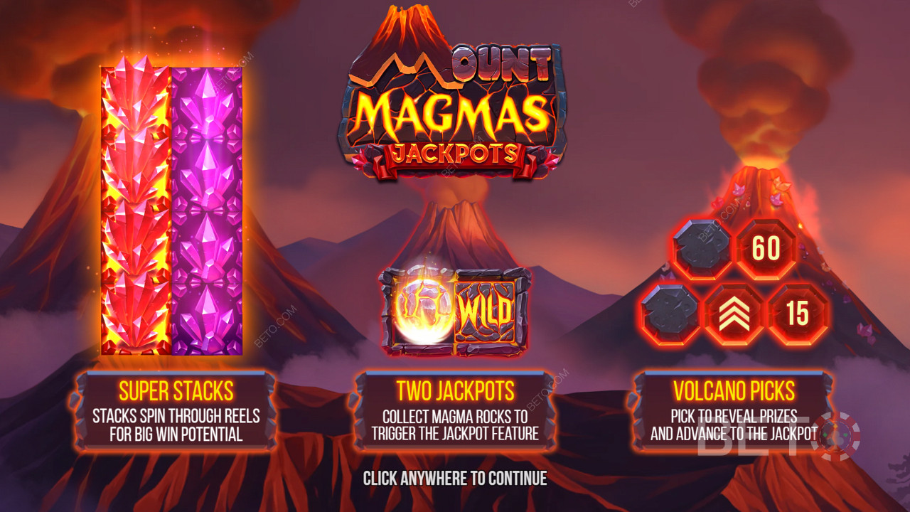 Mount Magmas 슬롯에서 슈퍼 스택, 2개의 잭팟 및 화산 보너스 기능을 즐기십시오.