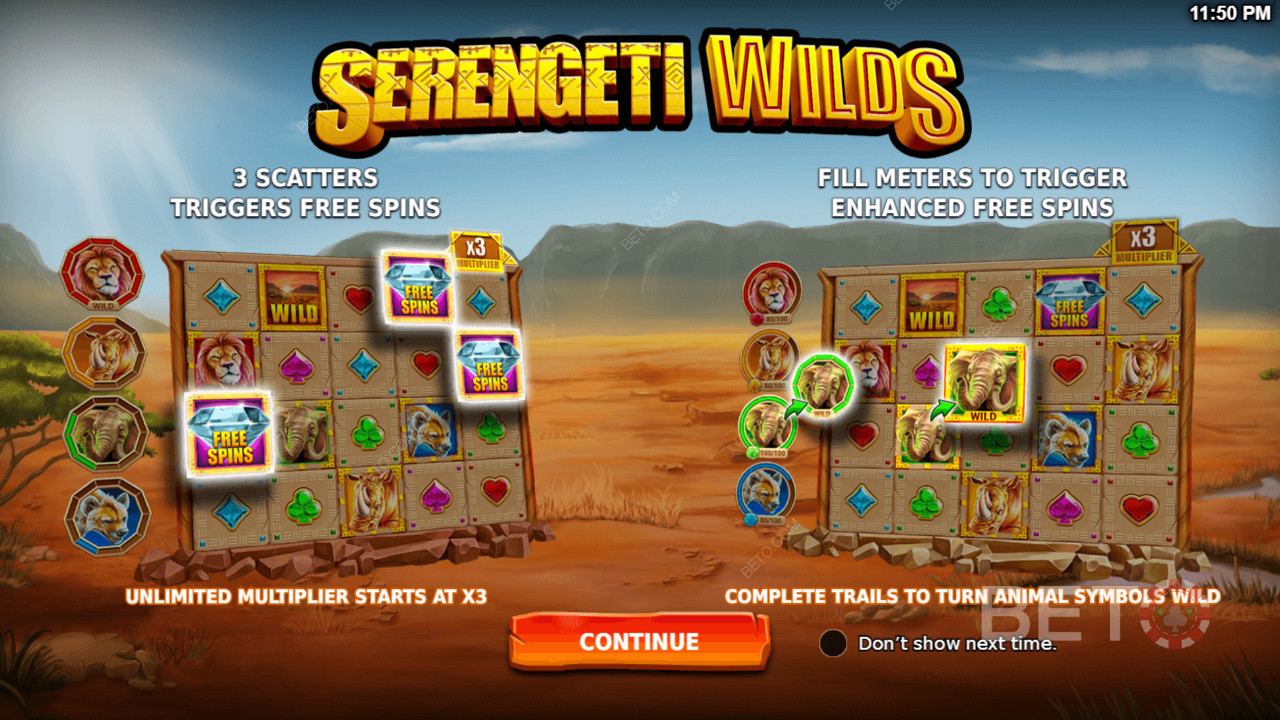 Serengeti Wilds 슬롯에서 Free Spins 및 Enhanced Free Spins와 같은 강력한 기능을 즐기십시오.
