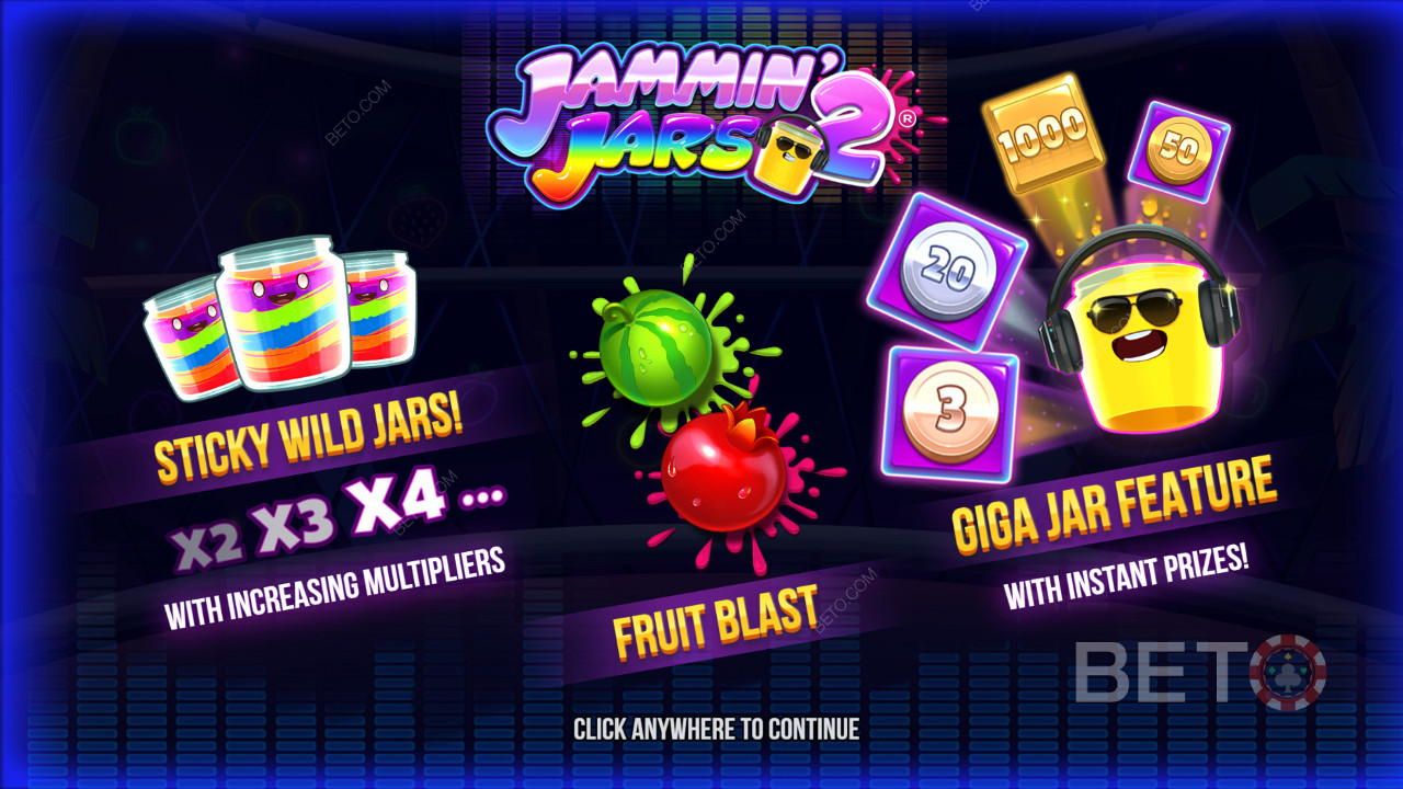 Jammin Jars 2 슬롯에서 끈적 끈적한 Wilds, Fruit Blast 기능 및 Giga Jar Spins를 즐기십시오.
