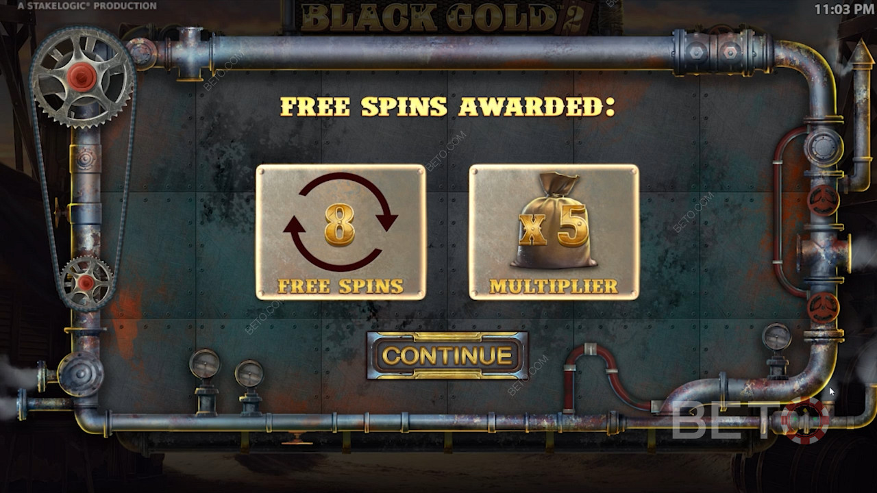 옵션 2; Free Spins 라운드 동안 8개의 Free Spins와 x5 Multiplier를 수여합니다.