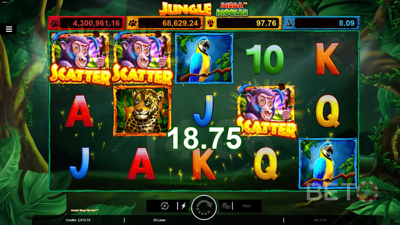 Jungle Mega Moolah 온라인 슬롯 게임에서 F 스핀을 트리거하는 L 및 3 Monkey Scatter