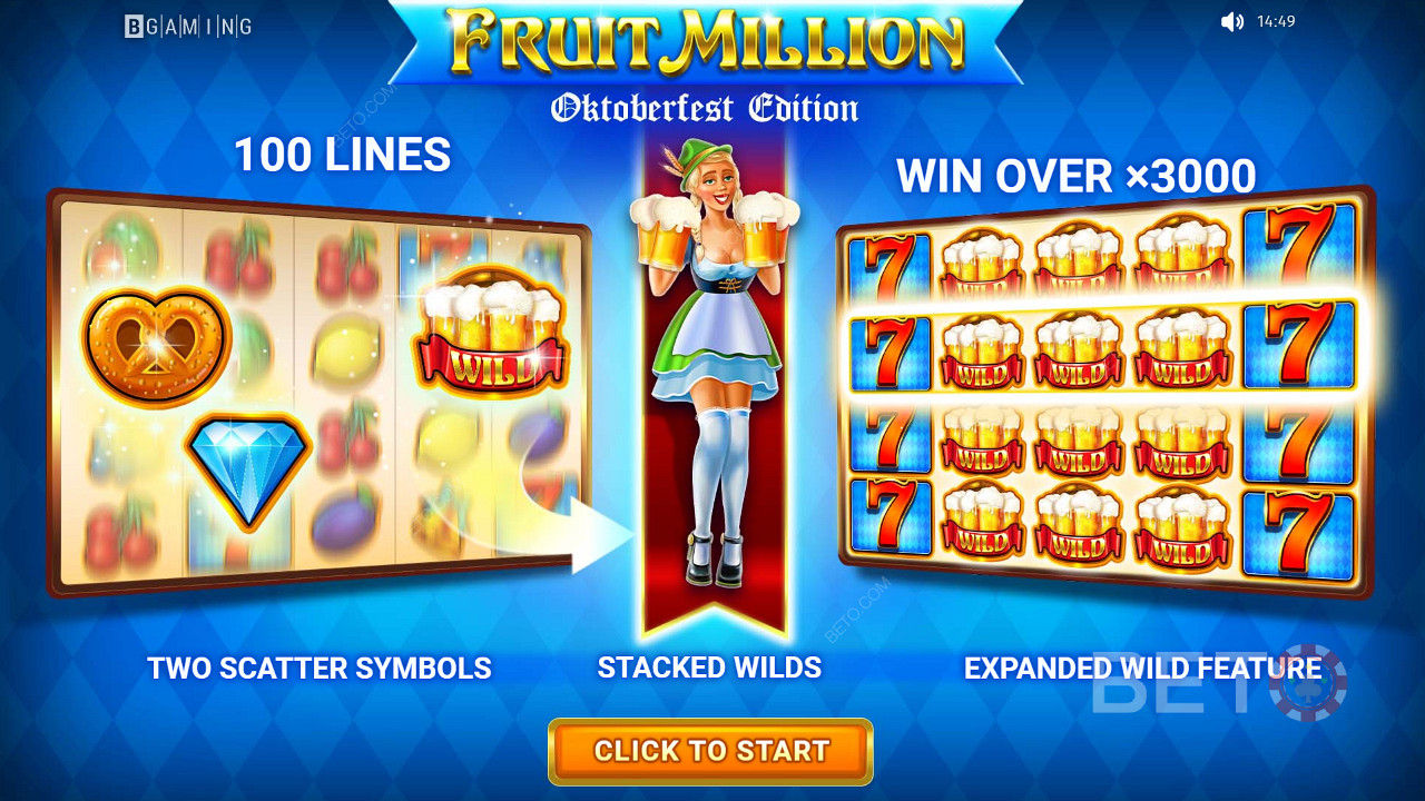 100개 라인 슬롯 이상을 플레이하고 Fruit Million 에서 최대 3000배의 지분을 획득하세요