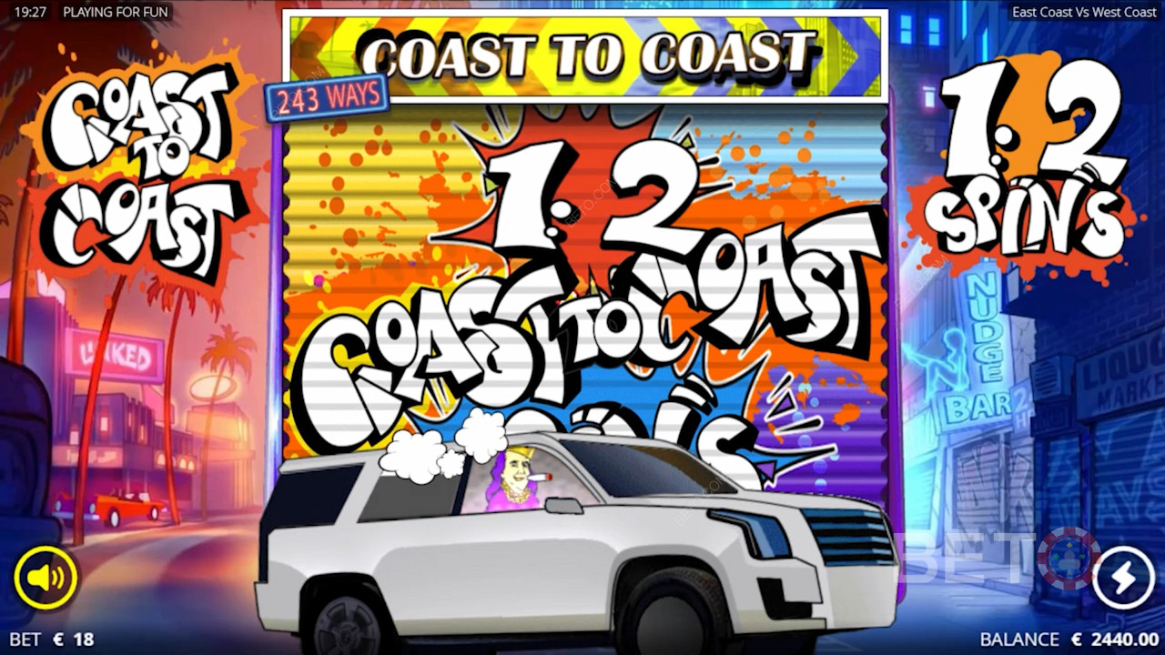 릴에 5개의 보너스 기호를 삽입하여 Coast to Coast Spins를 즐기십시오.