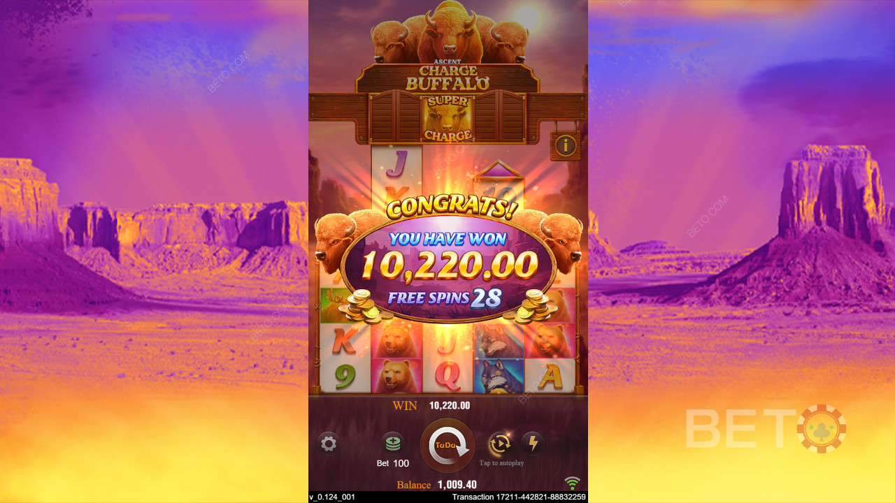 차지 버팔로 어센트 슬롯 머신에서 베팅 금액의 20,000배를 획득하세요!
