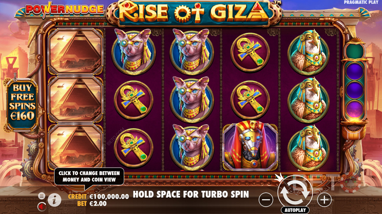 Rise of Giza PowerNudge 슬롯 머신에서 배팅의 80배를 지불하고 무료 스핀을 구매하세요.