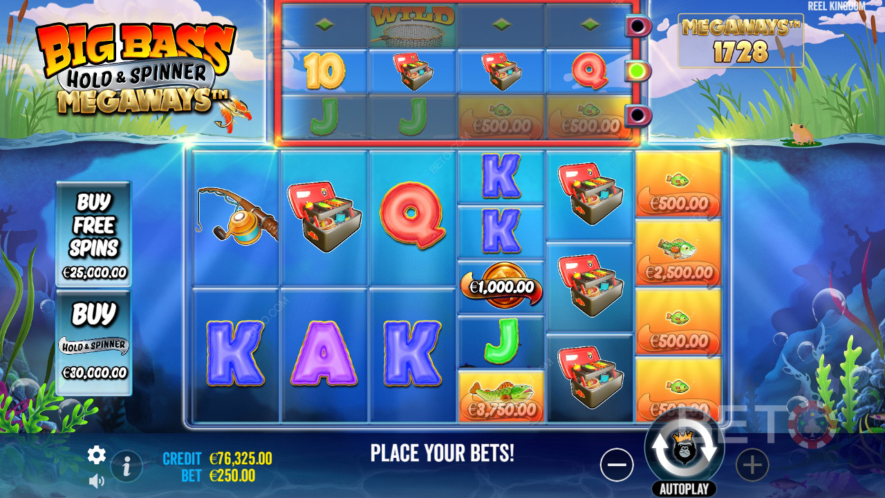 빅 베이스 홀드 및 스피너 메가웨이의 보너스 기능에 대한 설명은 다음과 같습니다. Reel Kingdom