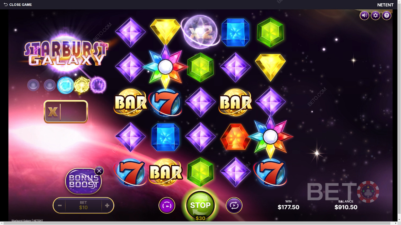 Starburst 갤럭시 슬롯에서 베팅 금액의 25,000배를 획득하세요!