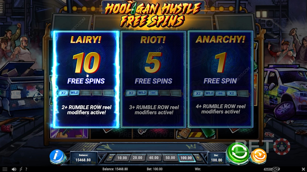 Hooligan Hustle 슬롯 머신에서 자유 회전 유형을 선택하십시오.