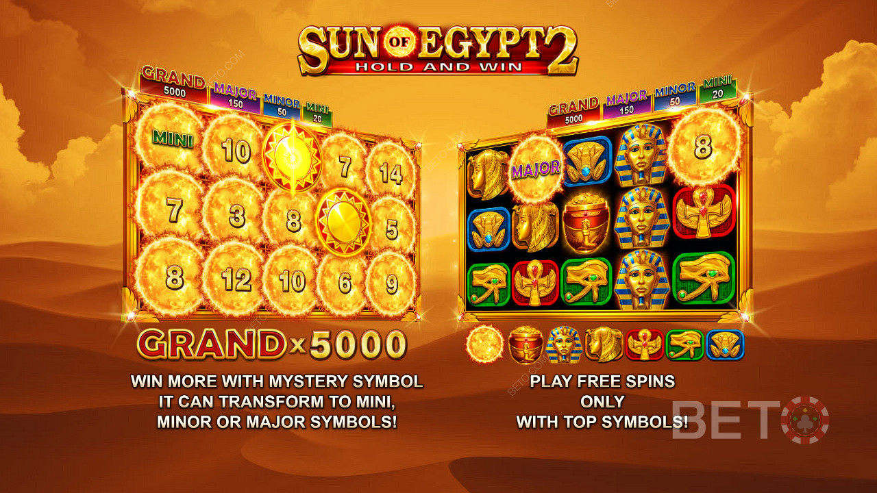 이집트의 태양 2 슬롯에서 베팅 금액의 최대 5,000배에 달하는 잭팟과 무료 스핀을 즐겨보세요.