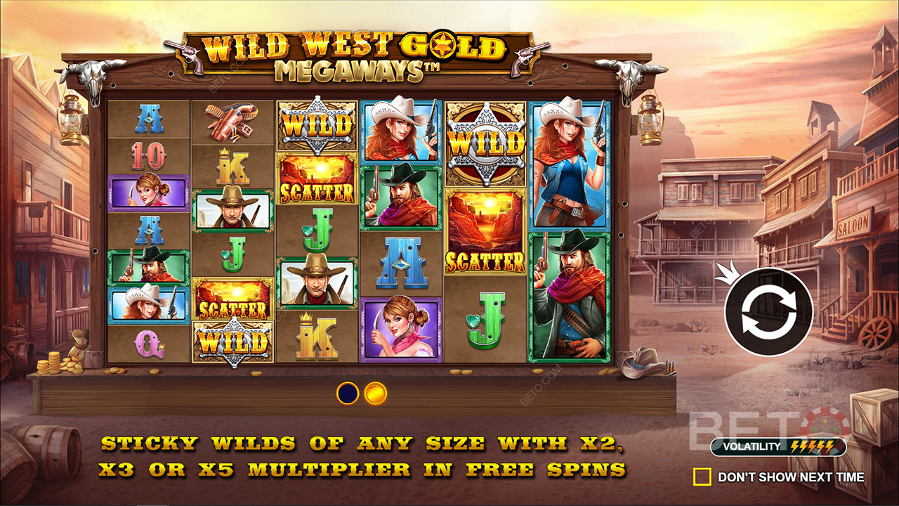 최대 5배의 승수를 제공하는 스티커 와일드는 Wild West Gold 메가웨이즈 슬롯에 있습니다.